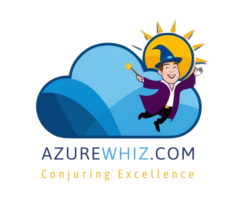 AZUREWHIZ logo with tagline
"conjuring excellence"
The logo is a cartoonish cloud with a sun shining on the right side. A wizzard is in front of the cloud.